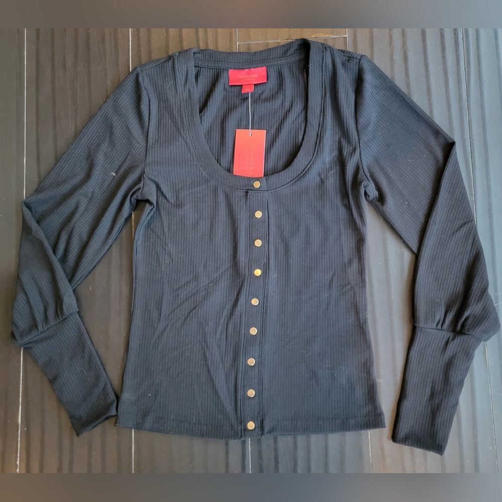 Jennifer Lopez Black Ribbed Button-Down Shirt